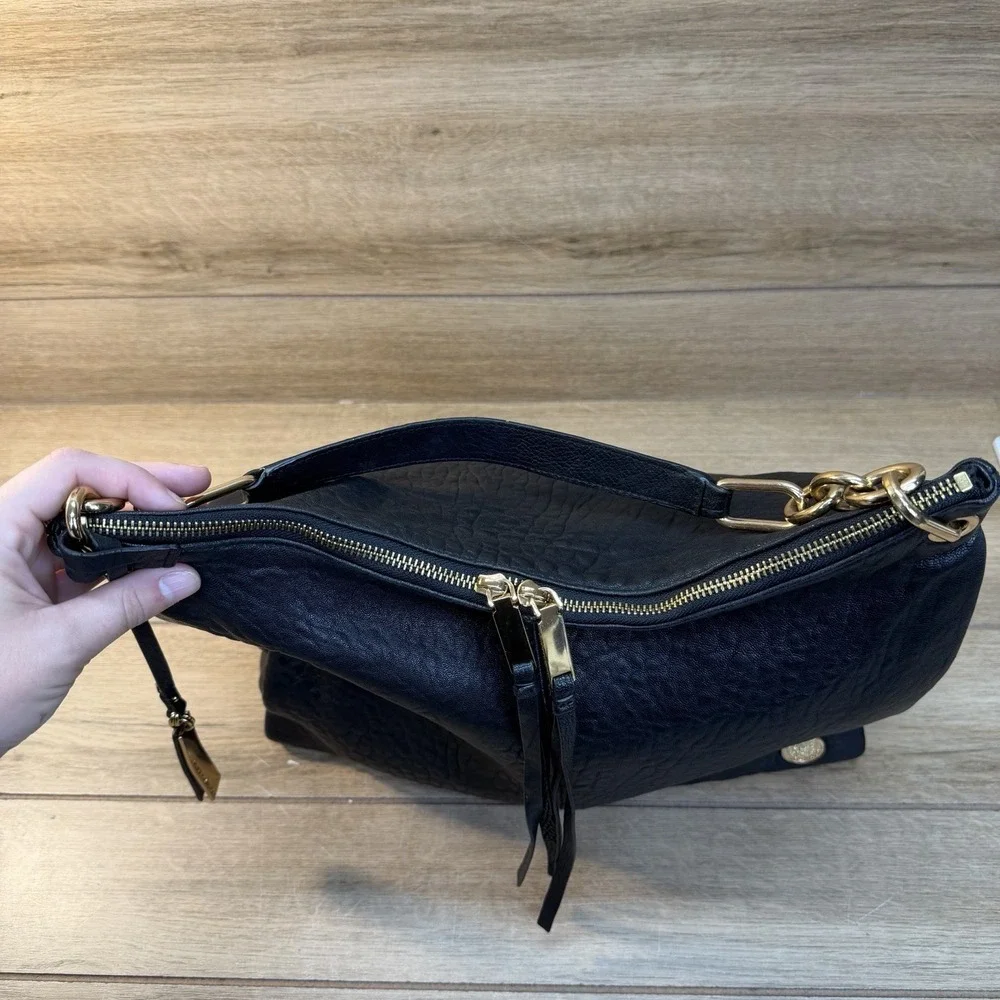Vince Camuto Black Leather Hobo Bag Slouchy Shoulder Handbag Tumbled Crinkle